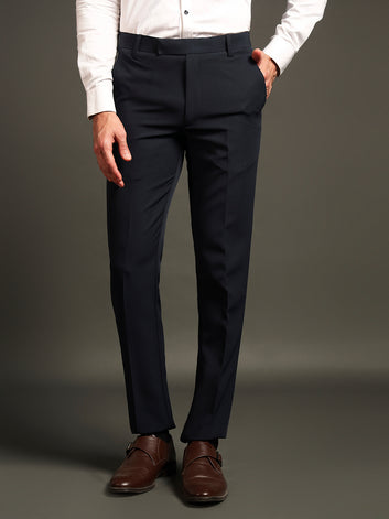 LUSARIO Men’s Slim Fit Formal Trousers – Blue | Plain Tailored Office Wear Pants with Slant & Welt Pockets | Stretch Polyester-Viscose Blend